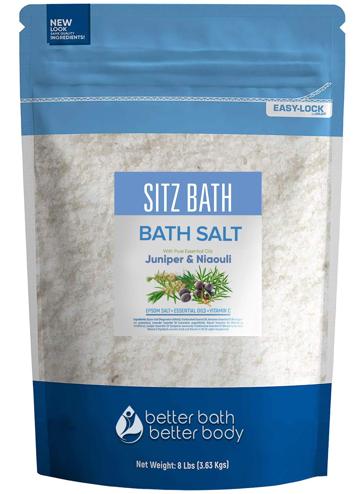 Sitz Bath Soak 128 Ounces Sitz Salt Epsom Salt with Natural Geranium, Frankincense, Lavender, Niaouli Essential Oil Plus Vitamin C in BPA Free Pouch with Press-Lock Seal