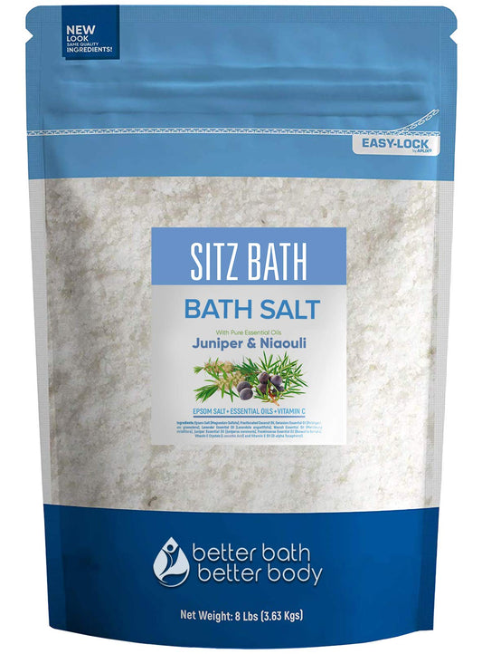 Sitz Bath Soak 128 Ounces Sitz Salt Epsom Salt with Natural Geranium, Frankincense, Lavender, Niaouli Essential Oil Plus Vitamin C in BPA Free Pouch with Press-Lock Seal