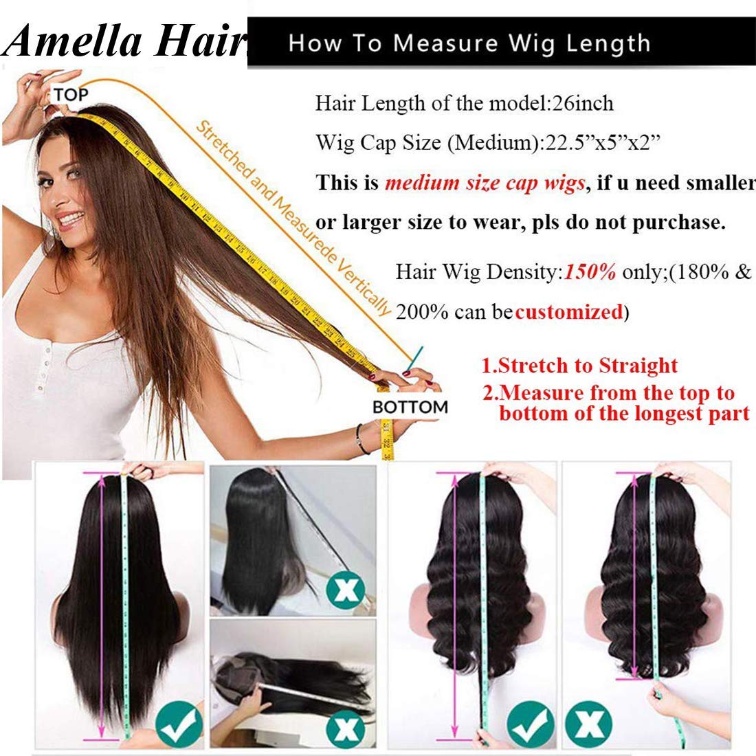 Amella Hair Body Wave 18" Human Hair Headband Wig for Black Women Glueless None Lace Front Wigs 8A Brizilian Virgin Hair Machine Made Headband Wigs Human Hair 150% Density