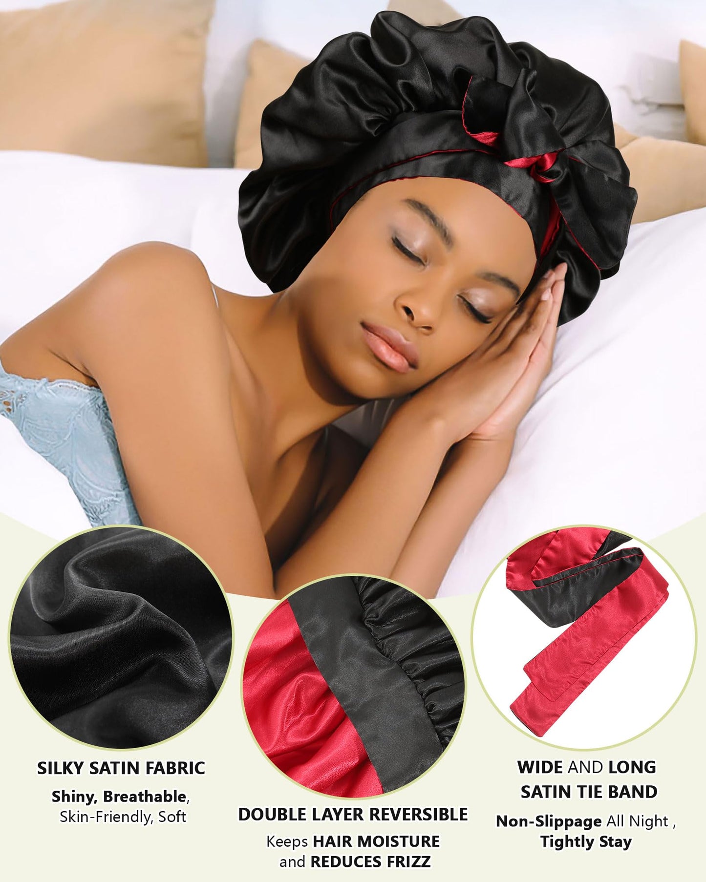 Satin Bonnet Silk Hair Bonnets for Women Curly Hair Wrap for Sleeping Cap Reversible Bonnet with Tie Band Night Cap Double Layer Sleep Cap for Curly Hair (Black + Red)