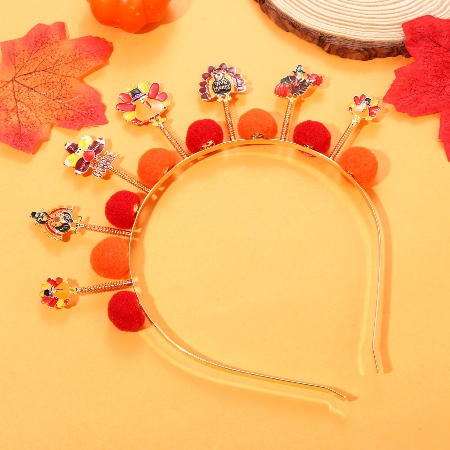 NVENF Thanksgiving Headband Autumn Fall Hairbands for Women Rhinestone Letter ‘GIVE THANKS’ ‘HAPPY FALL’ Gold Hair Hoop Thanksgiving Party Favors Hair Accessory Gifts (Pom Pom)
