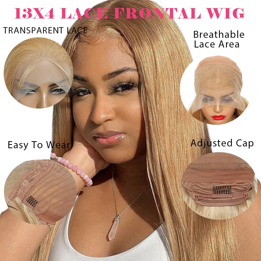 Straight 13x4 Lace Front Human Hair Wig For Black Women（16inch，180% Density）Honey Blonde Pre plucked Natura Hairline Transparent Lace Frontal Wig Brazilian Remy Glueless Lace Wig