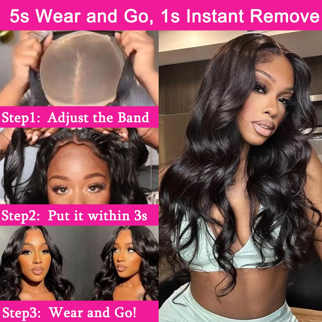 B-fashion Wear and Go Glueless Wig 24 Inch Body Wave 4x4 Lace Closure Wigs Pre Cut Lace Front Wigs Human Hair Pre Plucked Human Hair Wigs for Women Beginners (Natural Black)