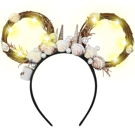 VISSTREE Shell Mouse Ear Crown - LED Light Up Ocean Shell Mermaid Style Mouse Ear Headband for Women Girls Park Party Birthday Celebration Halloween Festival Cosplay Costume Props