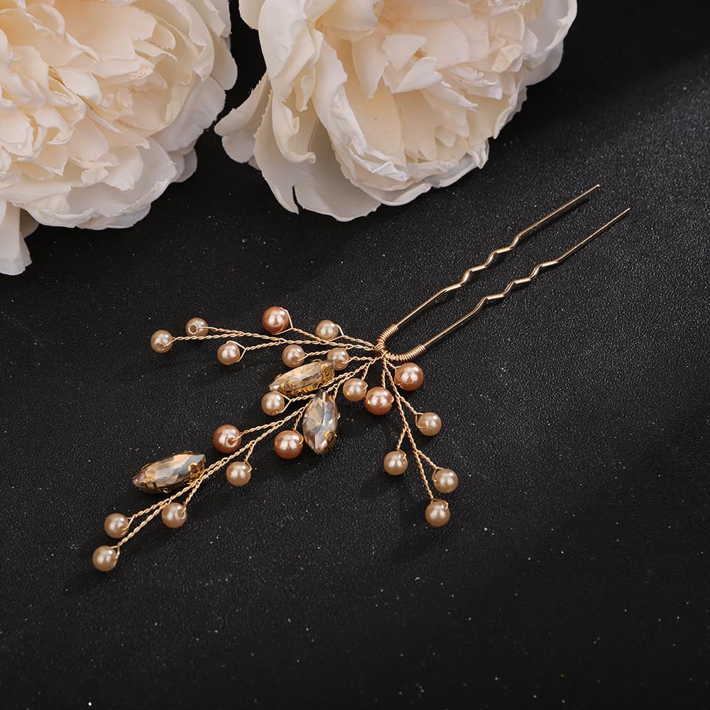 Teyglen 3pcs Crystal Pearl Bridal Hair Pins Pearl Bride Wedding Hair Pins Set for Bride Wedding Hair Accessories Handmade Red Black Champagne Pearl Hair Pieces for Women Bridesmaid Girls (Champagne)
