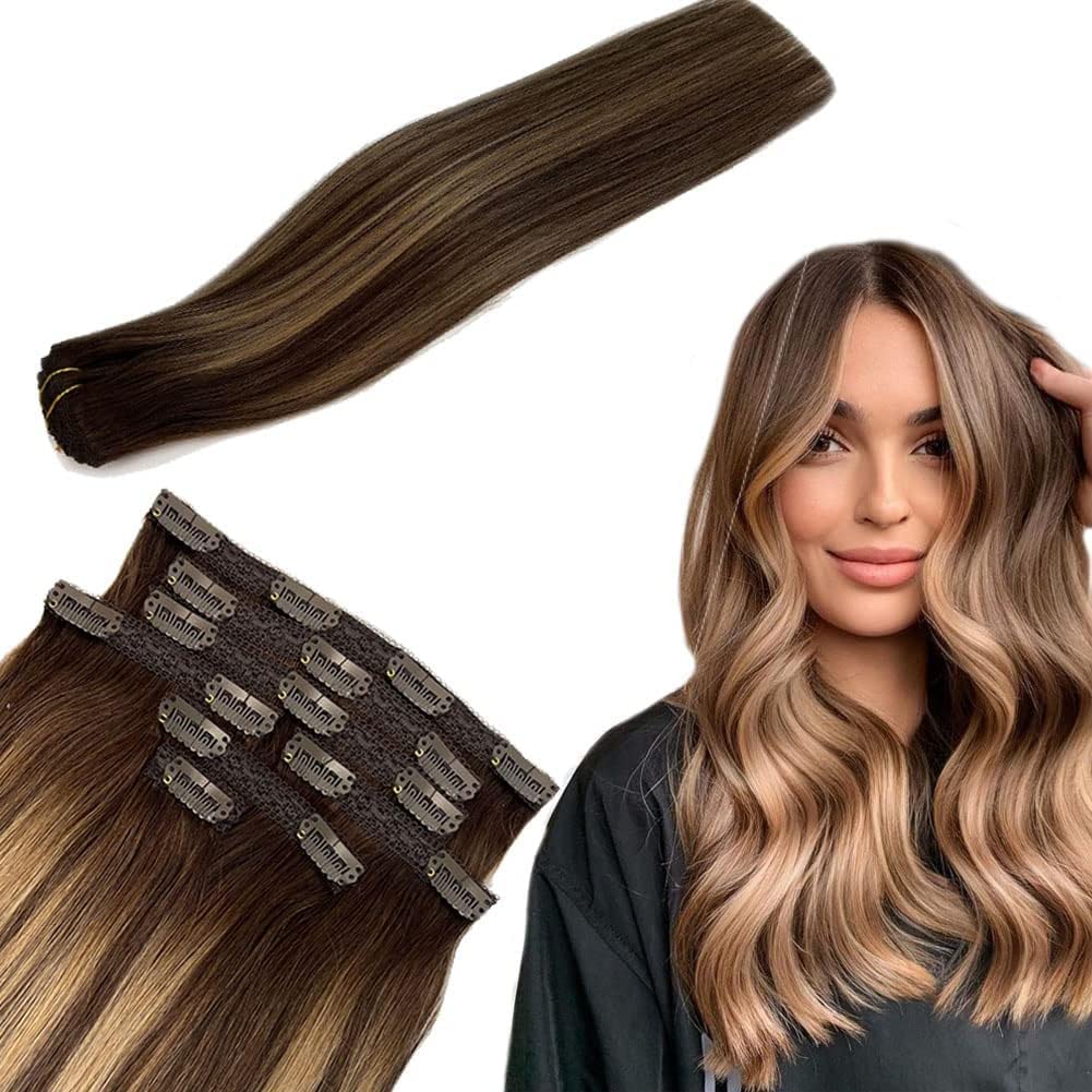 Brown Clip in Medium Length Real Human Hair Extensions 16 Inch Balayage Brown Hair Extensions Easy to Use with Clips 120g