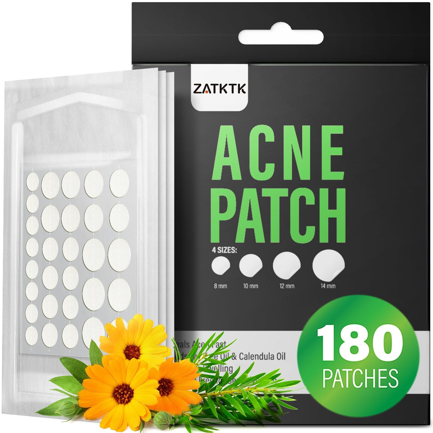 ZATKTK Acne Pimple Patch (180 Counts 4 Sizes), Invisible Hydrocolloid Acne Patch with Tea Tree Oil & Calendula Oil, Acne Spot Patch Zit Patches for Face