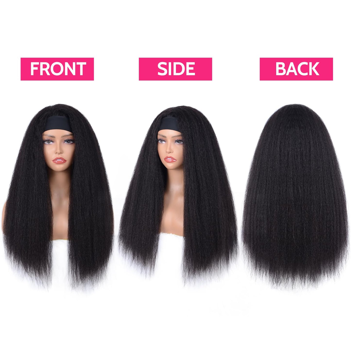 ME-U Headband Wig Human Hair Kinky Straight Guleless Wigs for Black Women Wear and Go 180% Density Yaki Straight Wig No Lace Natural Black Color 28 Inch