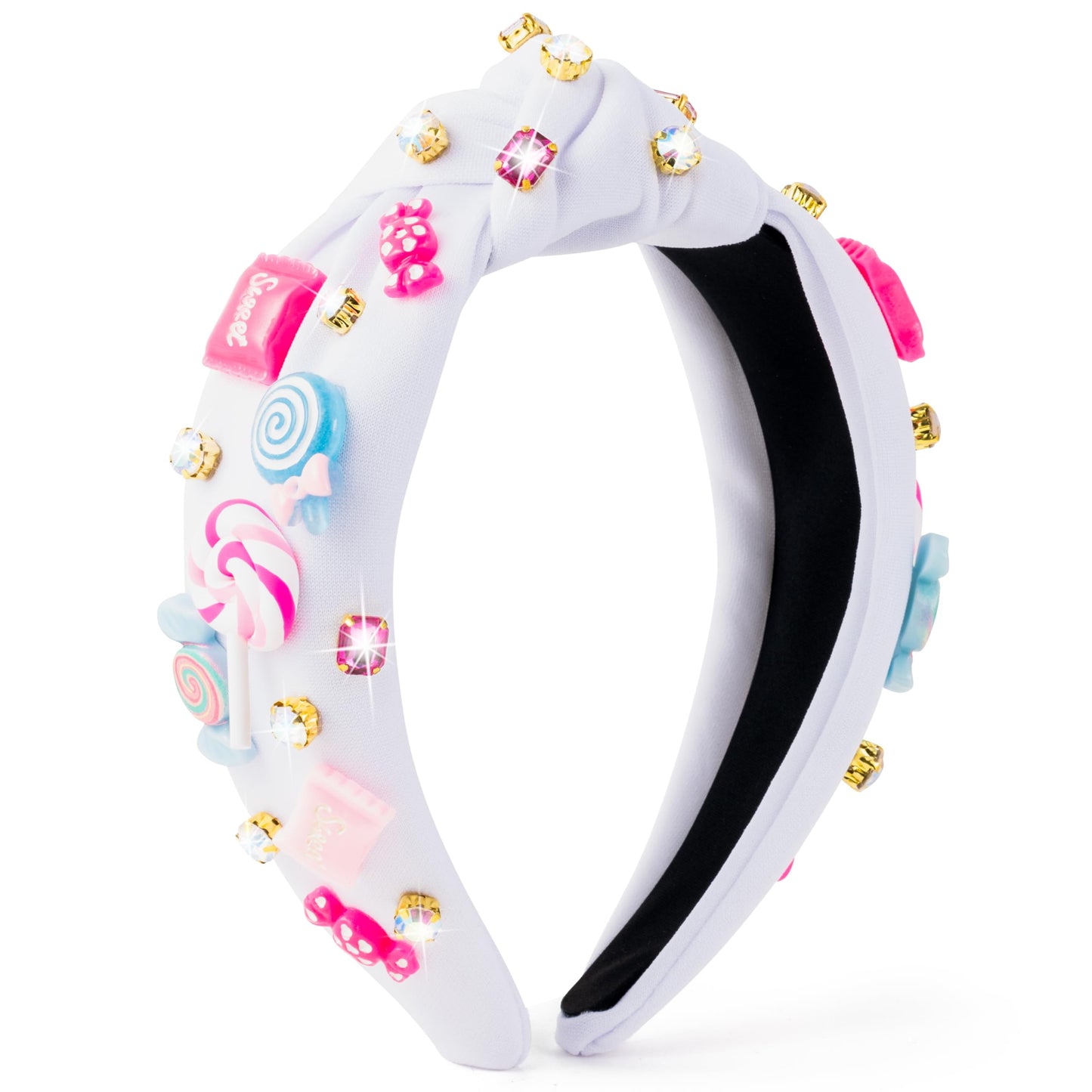 PANTIDE Candy Jeweled Knotted Headband - Sugar Lollipop Rhinestone Crystal Embellished Preppy Headband Non Slip Wide Top Knot Fashion Hairband Hair Accessories Birthday Gift for Women Girls (White)