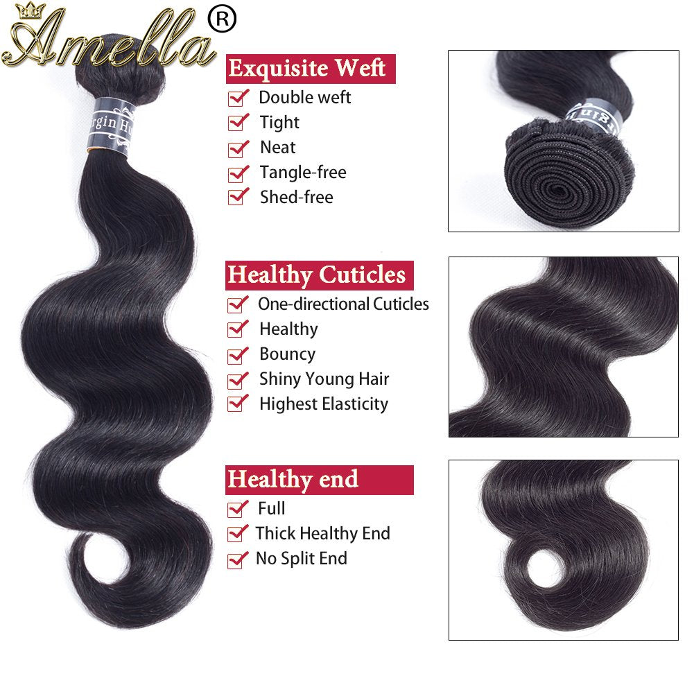 Amella Hair Brazilian Body Wave One Bundle 20inch 100% Unprocessed Brazilian Virgin Natural Black 8A Body Wave Human Hair Weft