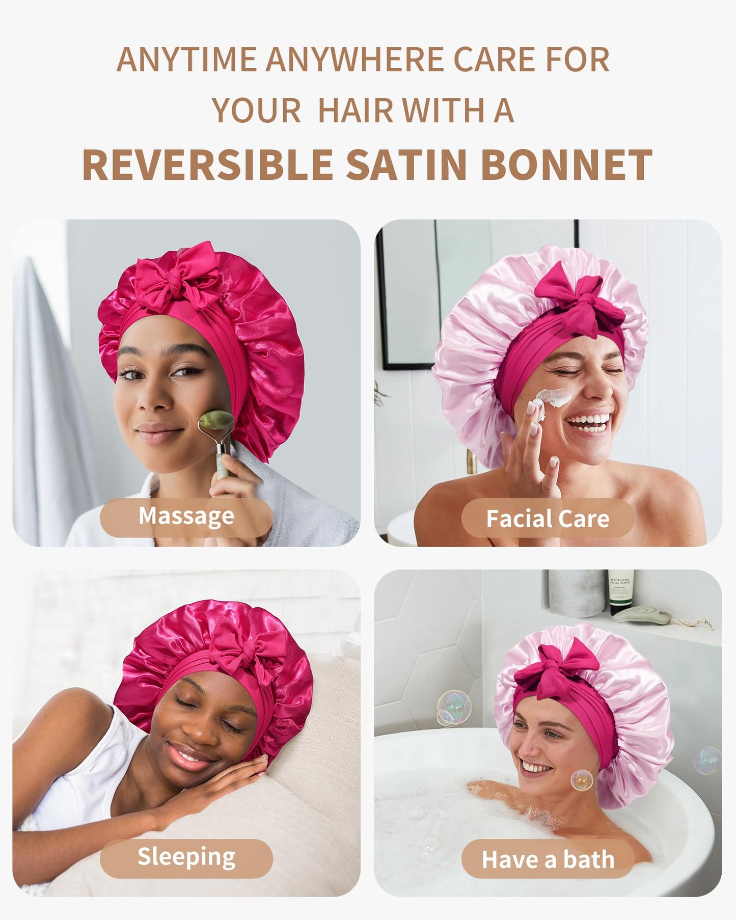 Satin Bonnet for Women Silk Bonnets for Sleeping Curly Hair Bonnet with Elastic Tie Band Reversible Double Layer Sleep Cap Hair Wrap (Rose Red + Pink)