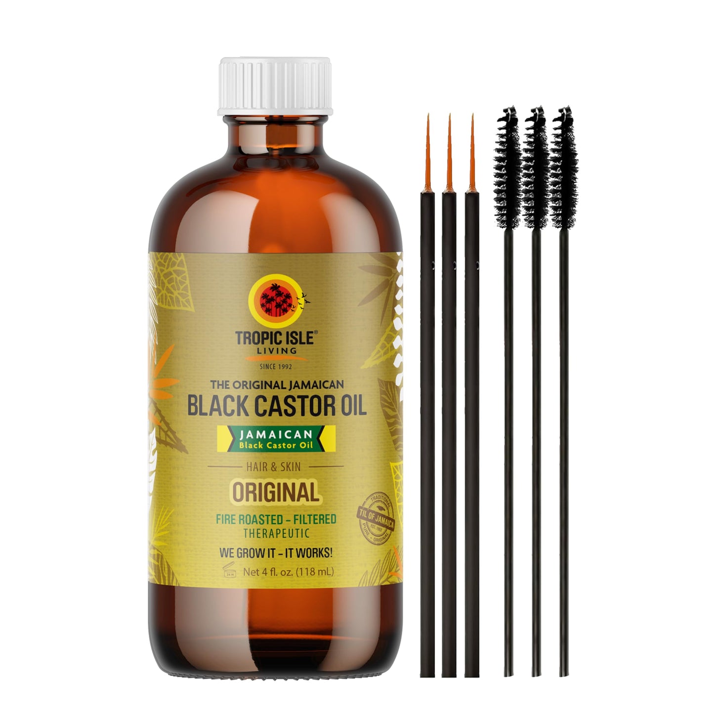Tropic Isle Living Jamaican Black Castor Oil 4oz/ 120ml Brush Set | For Hair Growth Oil, Skin Conditioning, Eyebrows & Eyelashes, Gives Hydration and Strengthens Hair