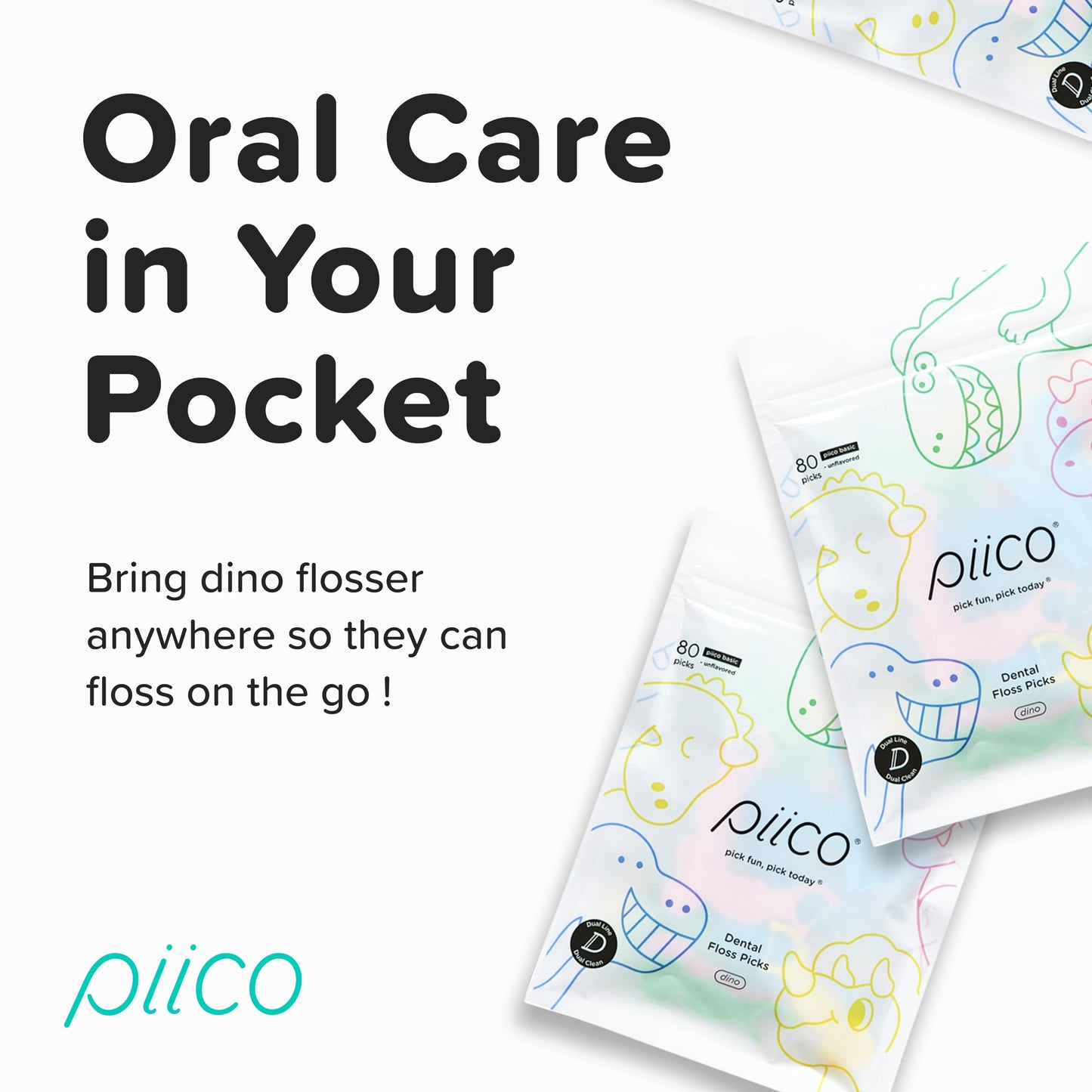 Piico Unflavored Kids Floss - No Fluoride Dual Line Dental Floss Picks - Fun Oral Care in Colorful Floss Sticks Design - Kids Flossers Prevent Tooth Decay & Gum Disease - 240 Count Dino & Travel Case