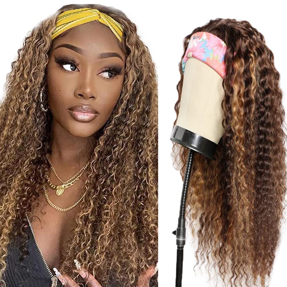 YiweYowe 30 Inch Ombre Blonde Headband Wig Human Hair P4/27 Highlight Honey Blonde Curly Wave Wig None Lace Wig Grade 8A Brazilian Remy Hair 150% Density Full Head Machine Made Half Wigs
