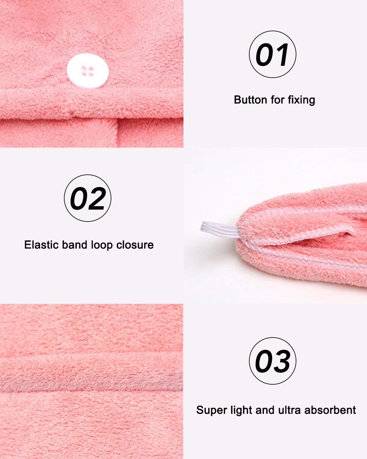 Bath Pre Dry Hair Towel 4-Piece Set Quick Dry Extra Absorbent Lightweight Turban with Button Hair Drying Wrap Bathroom Girl Friend Family Mom Gift