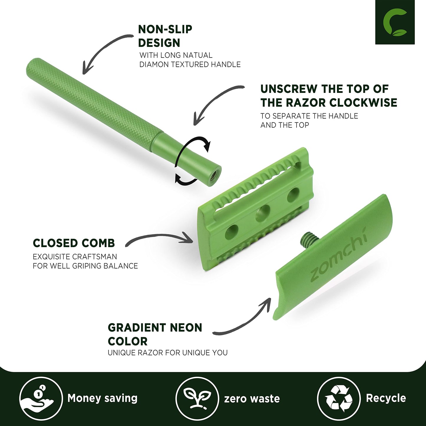 ZOMCHI Women Safety Razor with 5 Double Edge Safety Razor Blades, Metal Double Edge Razor, Single Blade Razor, Reusable & Plastic Free – Fern Green