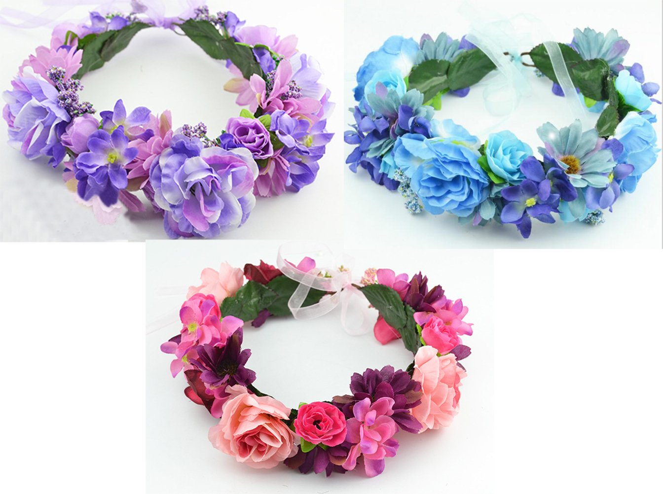 Vivivalue Rose Flower Crown Flower Garland Headband Hair Wreath Floral Headpiece Halo Boho with Ribbon Wedding Party Festival Photos Blue