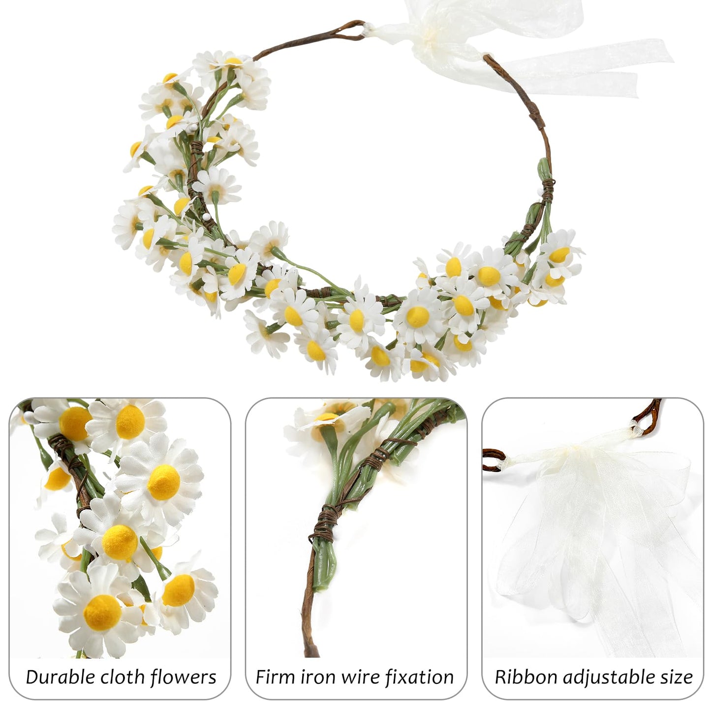 AWAYTR Flower Hippie Floral Crown - Boho Sunflower Headband for Women, Hippie Costume and Hair Accessories (White)