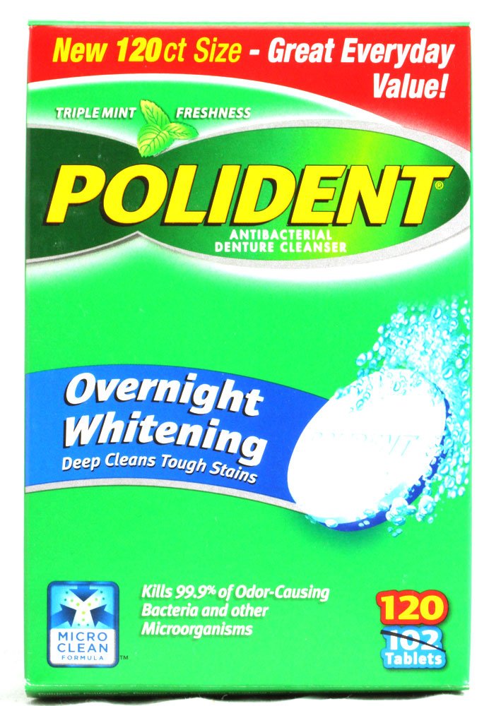 Polident Overnight Whitening, Antibacterial Denture Cleanser, Triple Mint Freshness 120 ea (Pack of 6)