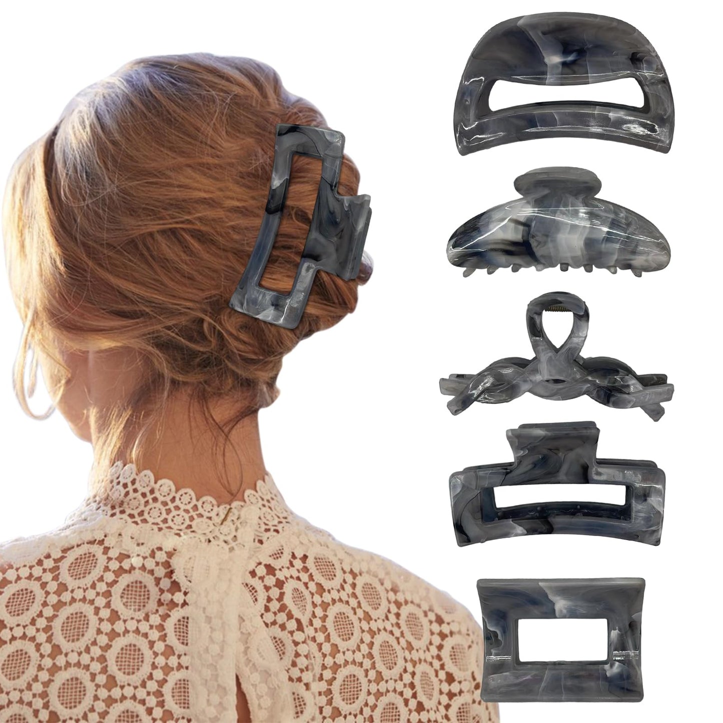 Women's Large Non-Slip Metal Hair Clips, 6Pcs Sparkly Flower and Mermaid Jaw Clips for Strong Hold (Grey-5pcs)