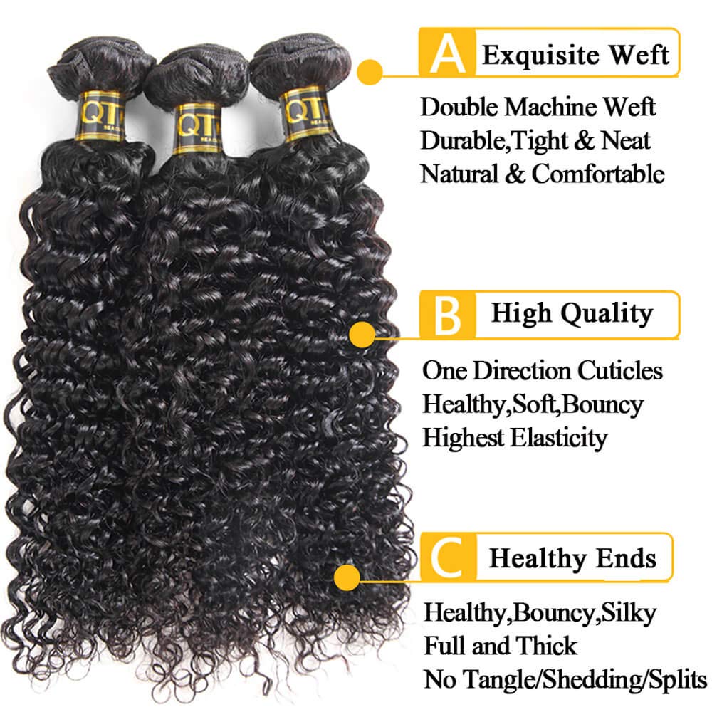 QTHAIR 14A Brazilian Curly Virgin Human Hair Bundles with 4X4 Middle Part Lace Closure Unprocessed Human Hair Extensions Natural (14 16 18+12,lace closure)