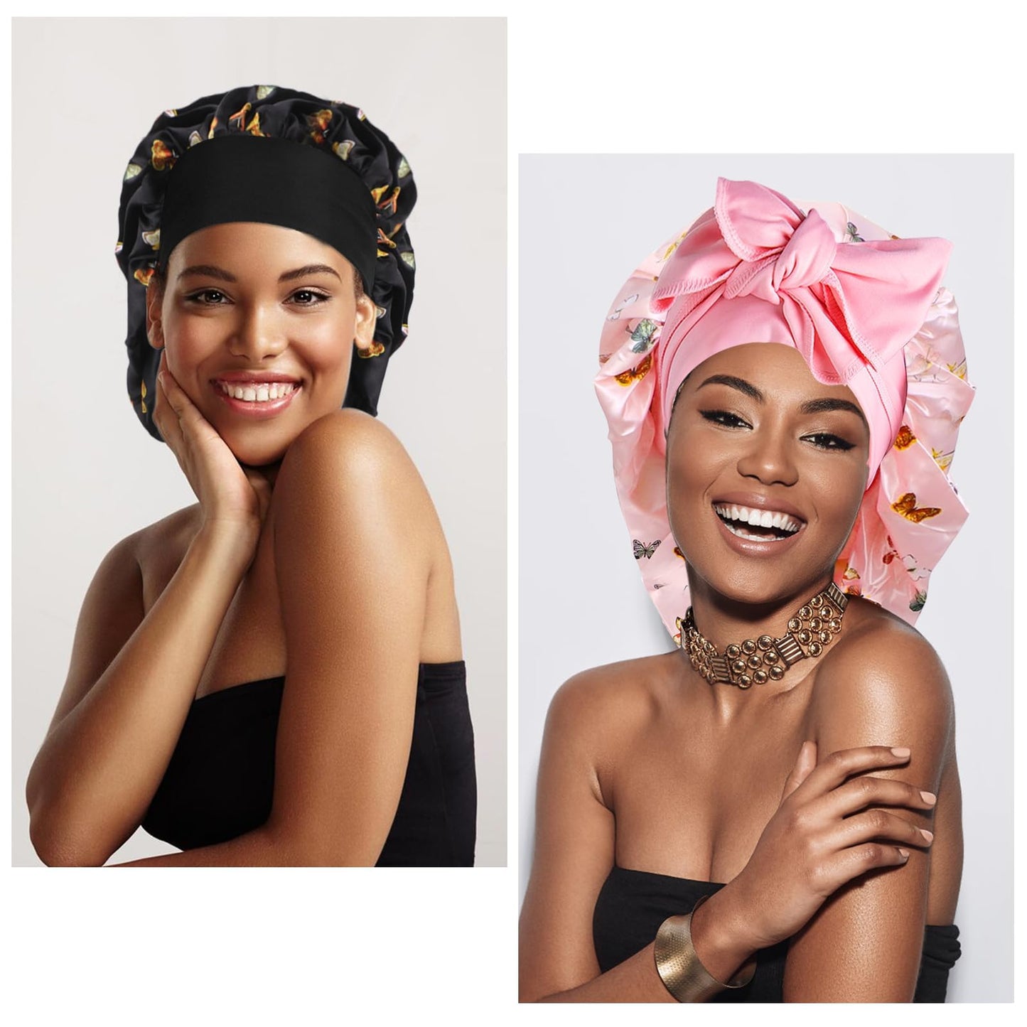 Arqumi Pack of 2 Satin Sleeping Bonnet, Large Satin Sleep Bonnet, Long Strap, Adjustable Sleep Cap Hair Bonnet with Butterfly Pattern, Black+Pink