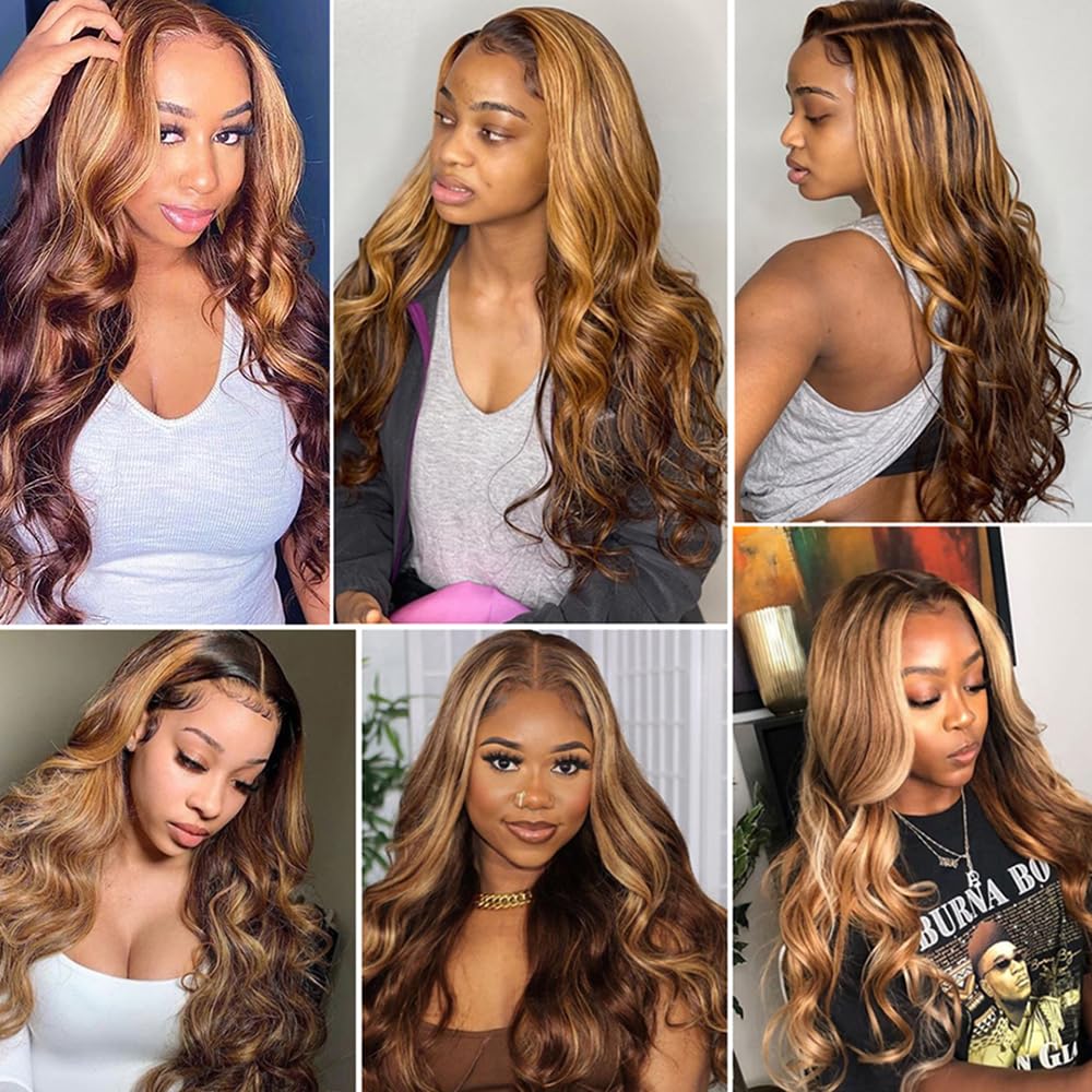 YiweYowe 24 Inch P4/27 Blonde Headband Wig Human Hair Brazilian Virgin Hair Grade 8A Glueless Honey Blonde Highlight Wig With Elastic Bands And Combs Machine Made Body Wave Wig