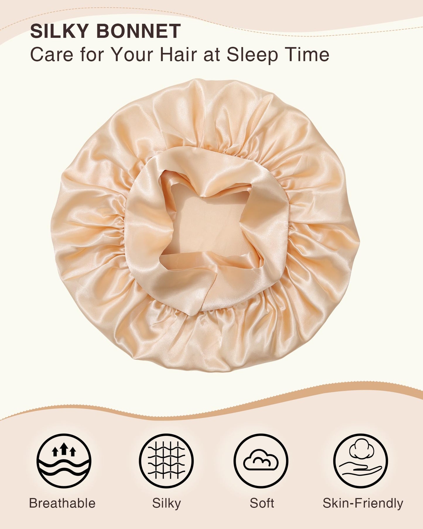 2PCS Satin Bonnet Silk Bonnet for Sleeping Women Curly Hair Bonnet with Tie Band Bonnet Sleep Cap (US, Numeric, 7 7/8, 8, Beige + Champagne)