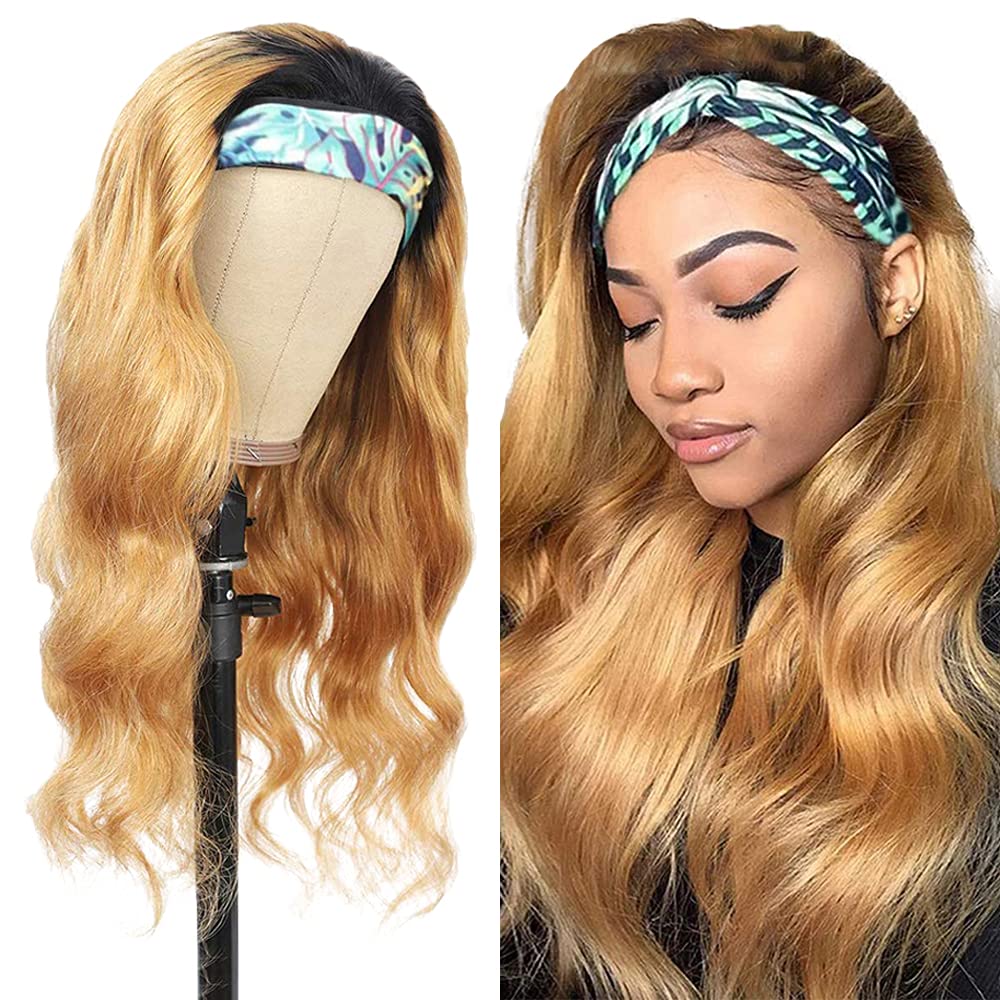 YiweYowe 26 Inch Blonde Body Wave Headband Wig Human Hair Full Head Machine Made Half Wigs Grade 8A 1B27 Ombre Dark Roots To Blonde Headband Wig Human Hair No Lace Brazilian Hair Wig For Women