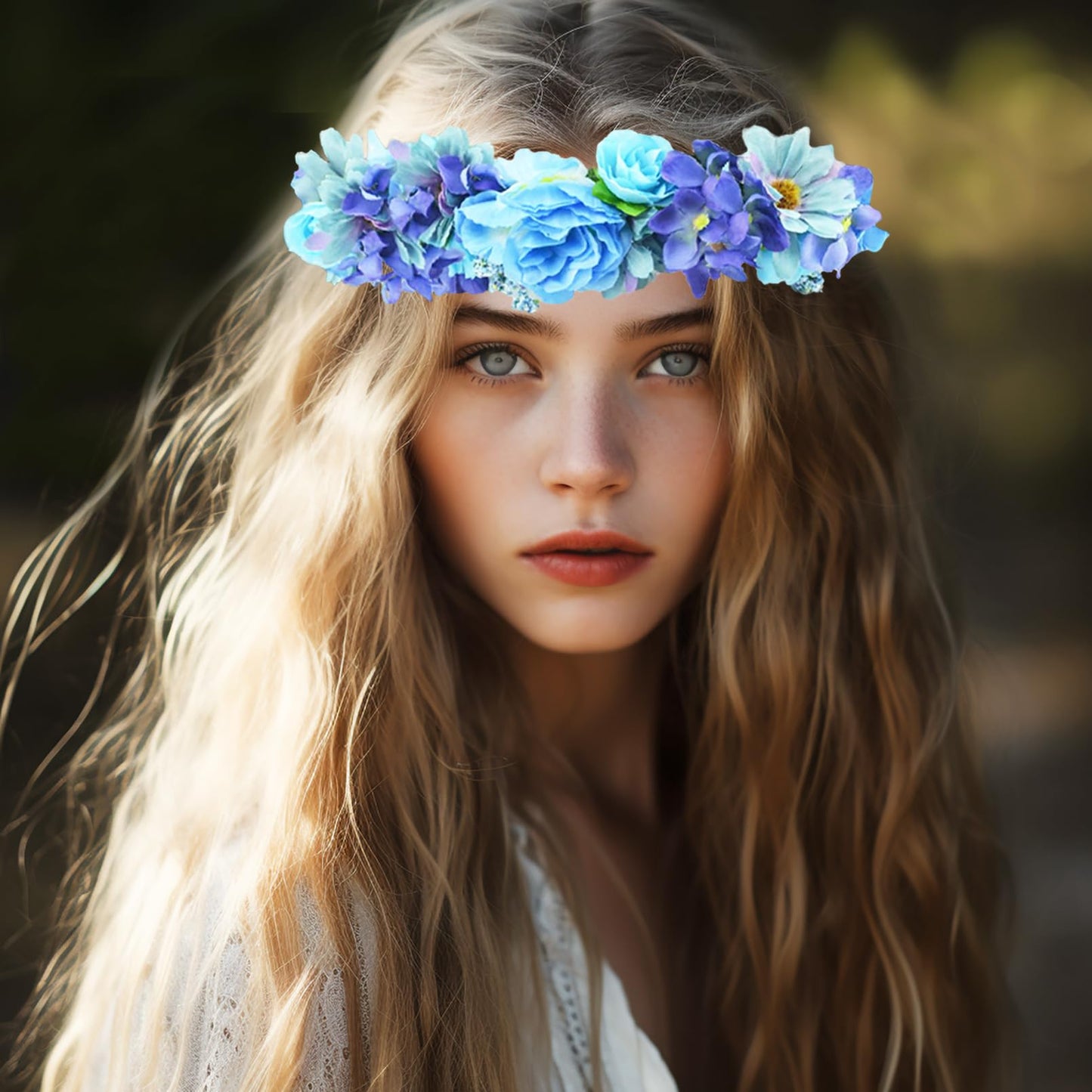 Vivivalue Rose Flower Crown Flower Garland Headband Hair Wreath Floral Headpiece Halo Boho with Ribbon Wedding Party Festival Photos Blue