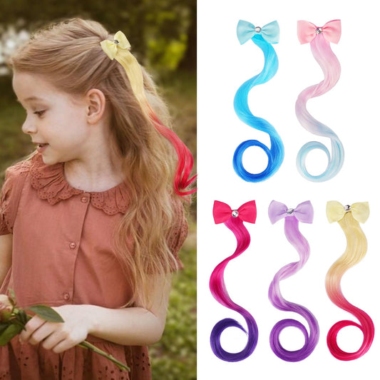 SOFEIYAN 5 Pcs Colored Hair Clips for Girls 11.8 in Wavy Curly Hair Extensions Cute Rainbow Hair Bows Princess Dress Up Hair Accessories for Kids Toddler Birthday Gifts