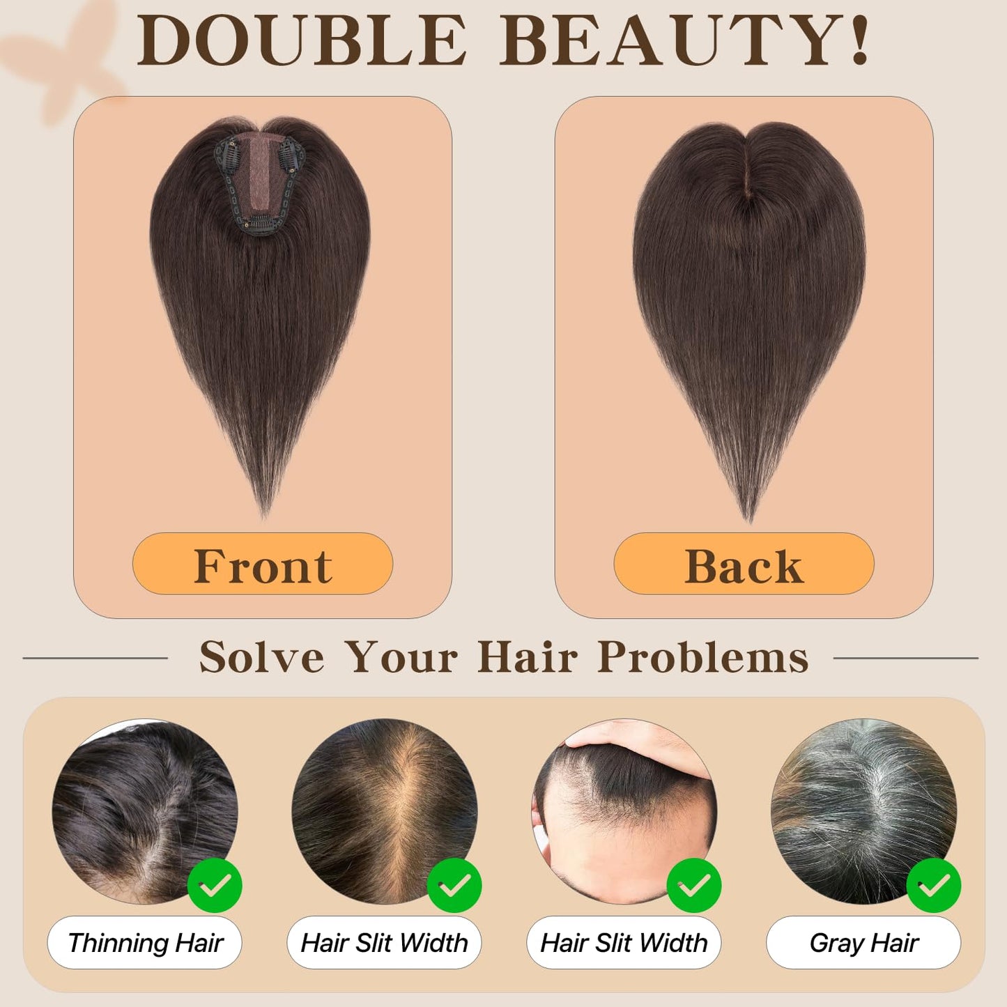 TESSHAIR Hair Toppers for Women Real Human Hair No Bangs Human Hair Toppers for Women 150% Density Toppers Hair Toppers for Thin Hair 10 Inch Toppers Hair Pieces for Women Natural Black #1B