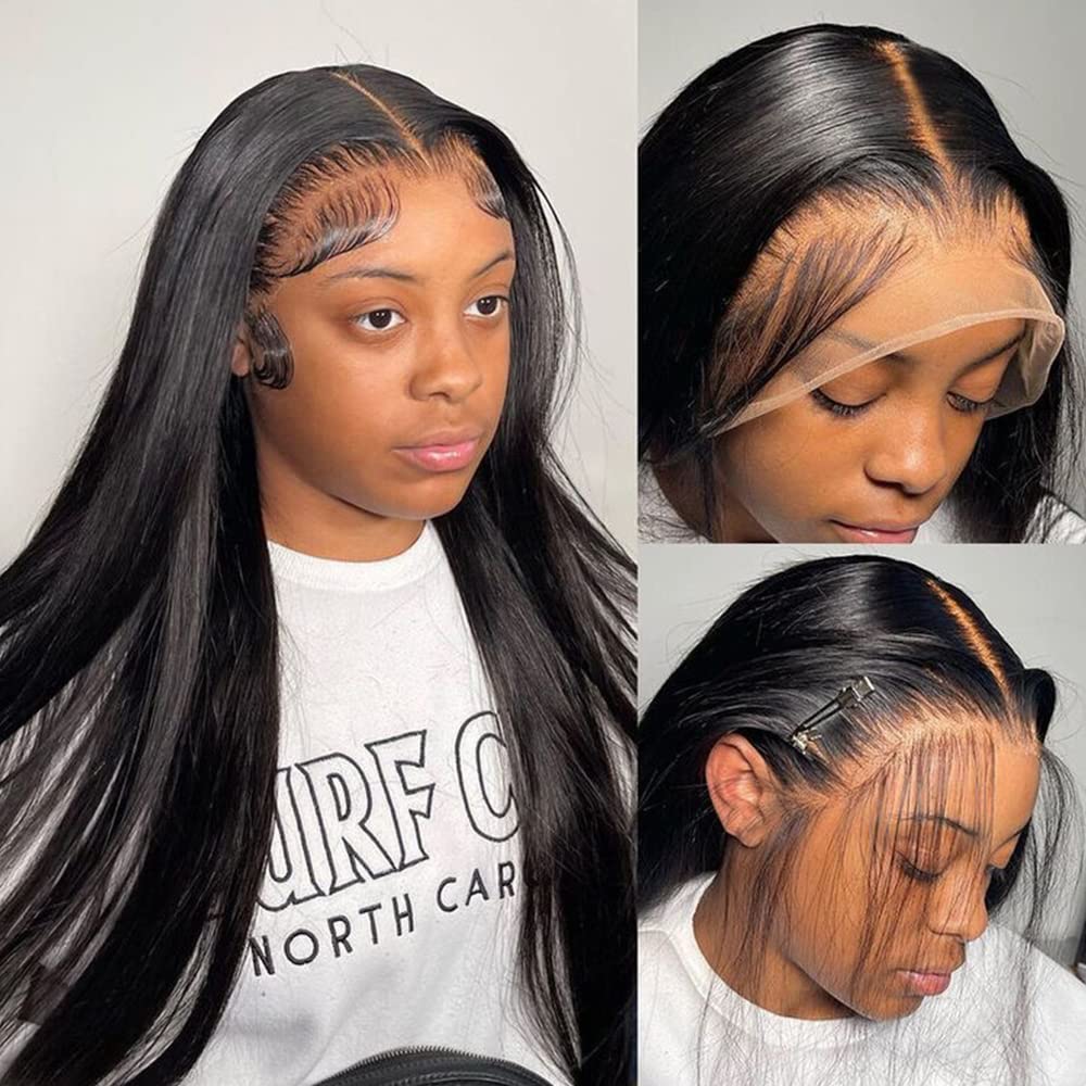 QD-Tizer Long Straight Lace Front Wigs Human Hair Pre Plucked with Baby Hair Glueless 150% Density 13x4 HD Lace Frontal Human Hair Wigs for Black Women Natural Hairline
