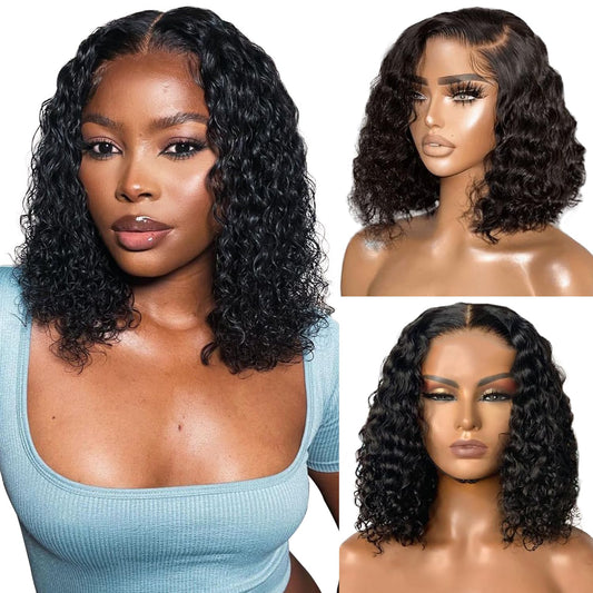 Short Curly Bob Wig Human Hair 13x4 HD Lace Front Wigs Human Hair Pre Plucked Deep Wave Lace Front Wig For Women 180% Density Bleached Knots Short Curly Lace Front Wig Human Hair Natural Color 12 Inch