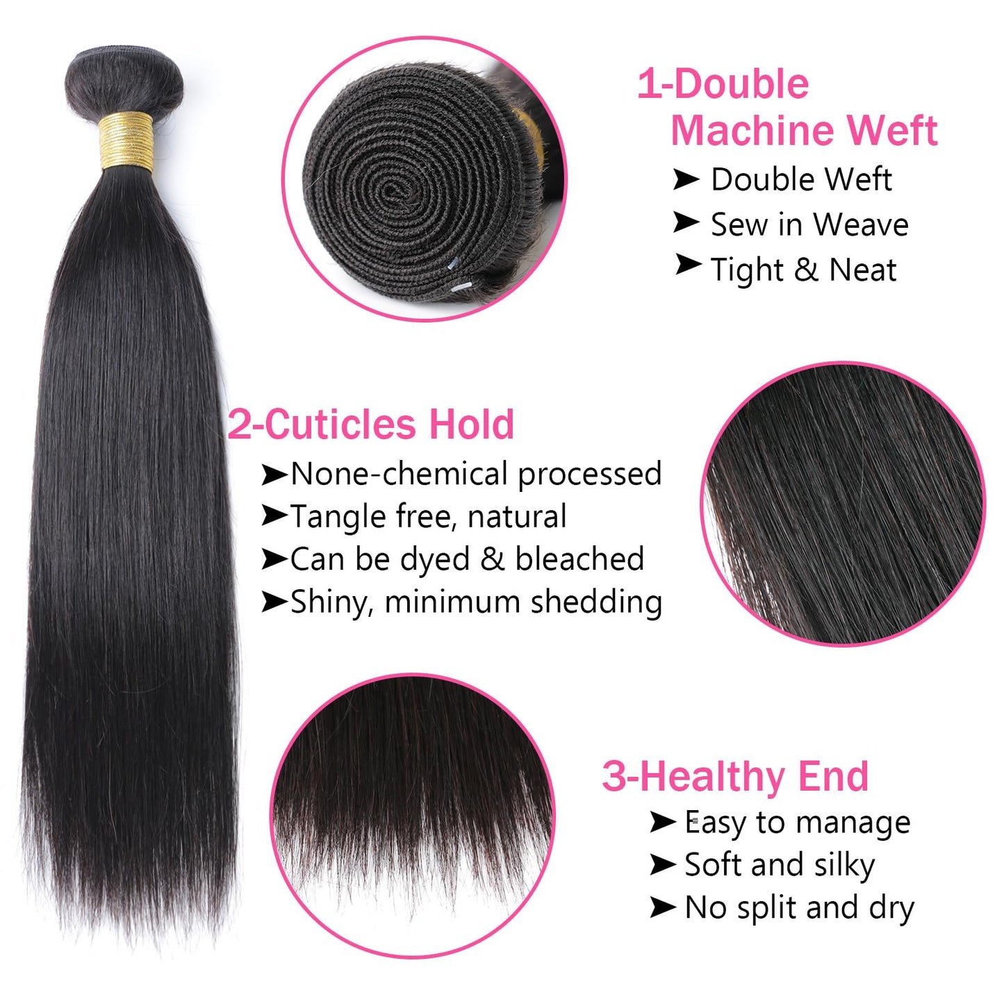 Straight Human Hair Bundles 3 Bundles 10 12 14 Inch 100% Unprocessed Brazilian Virgin Straight Weave Bundles Extensions For Women Natural Color