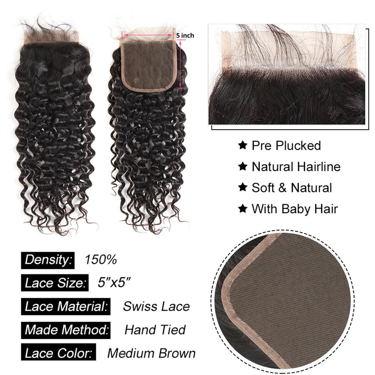 Brazilian Water Wave 5x5 Lace Closure 100% Unprocessed Human Virgin Hair Natural Wave Closure Pre-Plucked Hairline Wet And Wavy Curly Closure With Baby Hair (20inch, 5x5 water wave closure)