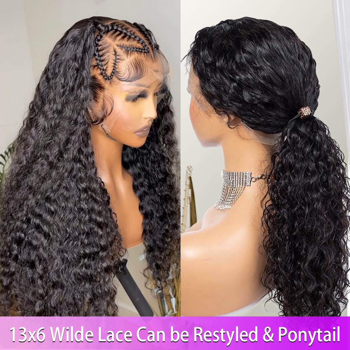 UPIGUILK Glueless HD Lace Front Wigs Human Hair Deep Wave 13x6 HD Lace Frontal Wigs Human Hair Pre Plucked with Baby Hair Curly Wigs for Black Women Human Hair 180% Density Natural Color 16 inch