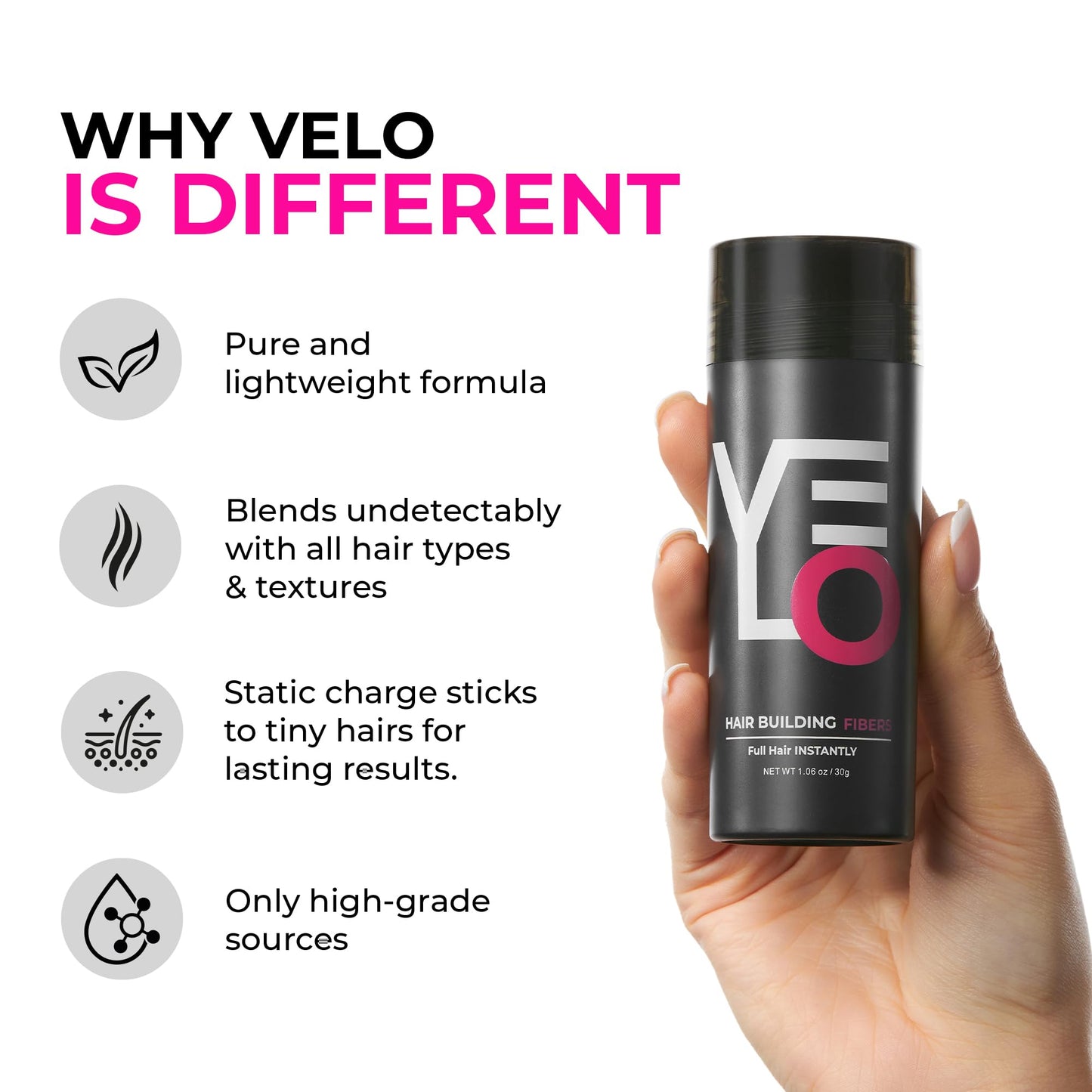VELO Hair Building Fibers for Thinning Hair, 30g Fill in Fine, Instantly Thicker & Fuller Look, Hair Thickening Fiber, Conceals Hair Loss, Hair Powder for Women & Men, Long Lasting Formula (WHITE)
