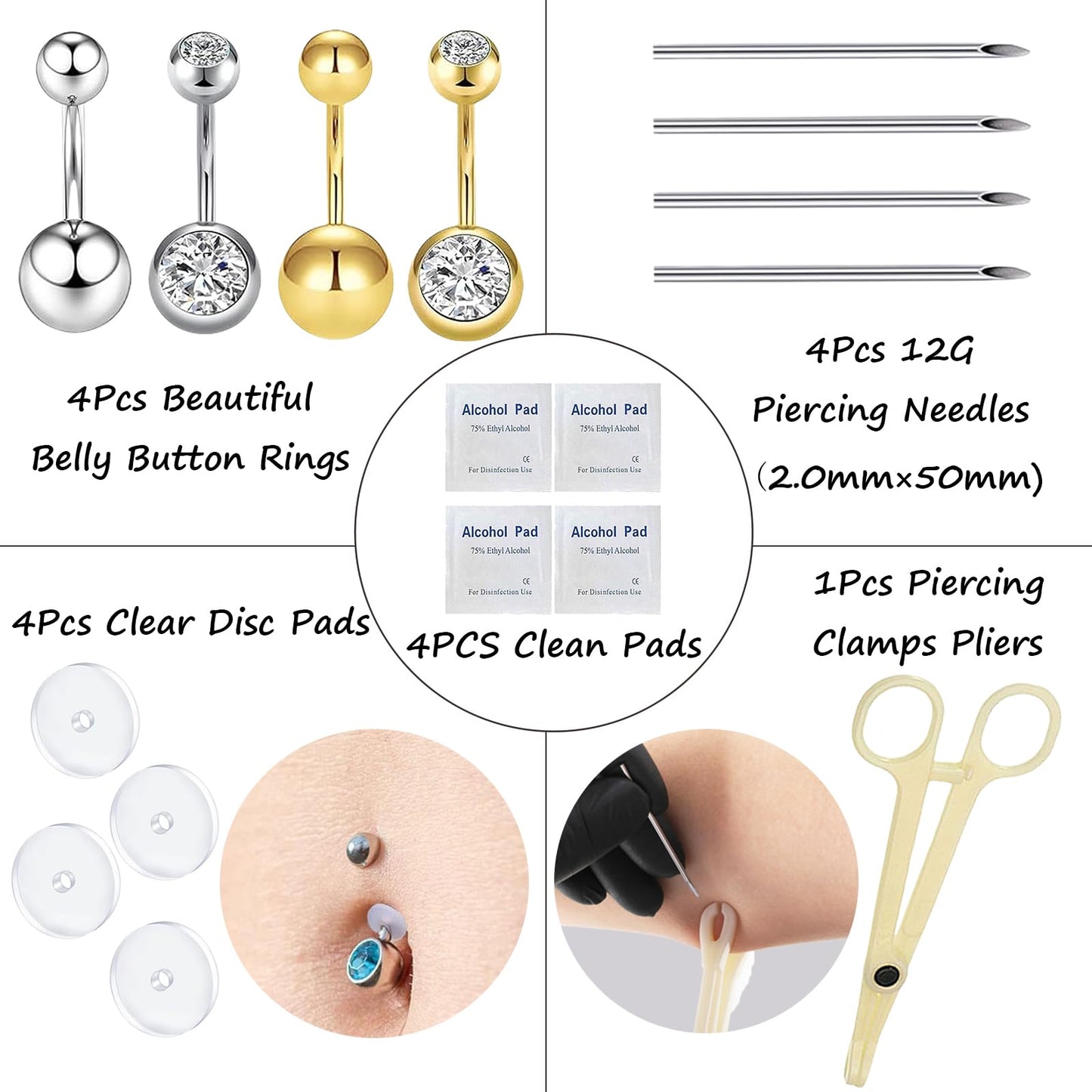 orilace Belly Button Piercing Kit, 12g Piercing Needle Kit Stainless Steel Belly Button Rings Piercing Clamp At Home Piercing Tool Navel Piercing Kit (G+S-Dark Blue)