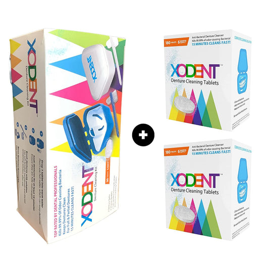 XODENT PREMIUM Denture Cleaning Kit | 2x Denture Cleansing Baths | 2x Strainer Baskets | 2x Soft-Bristle Brushes | 390x Denture Cleaning Tablets | Denture Cleaners