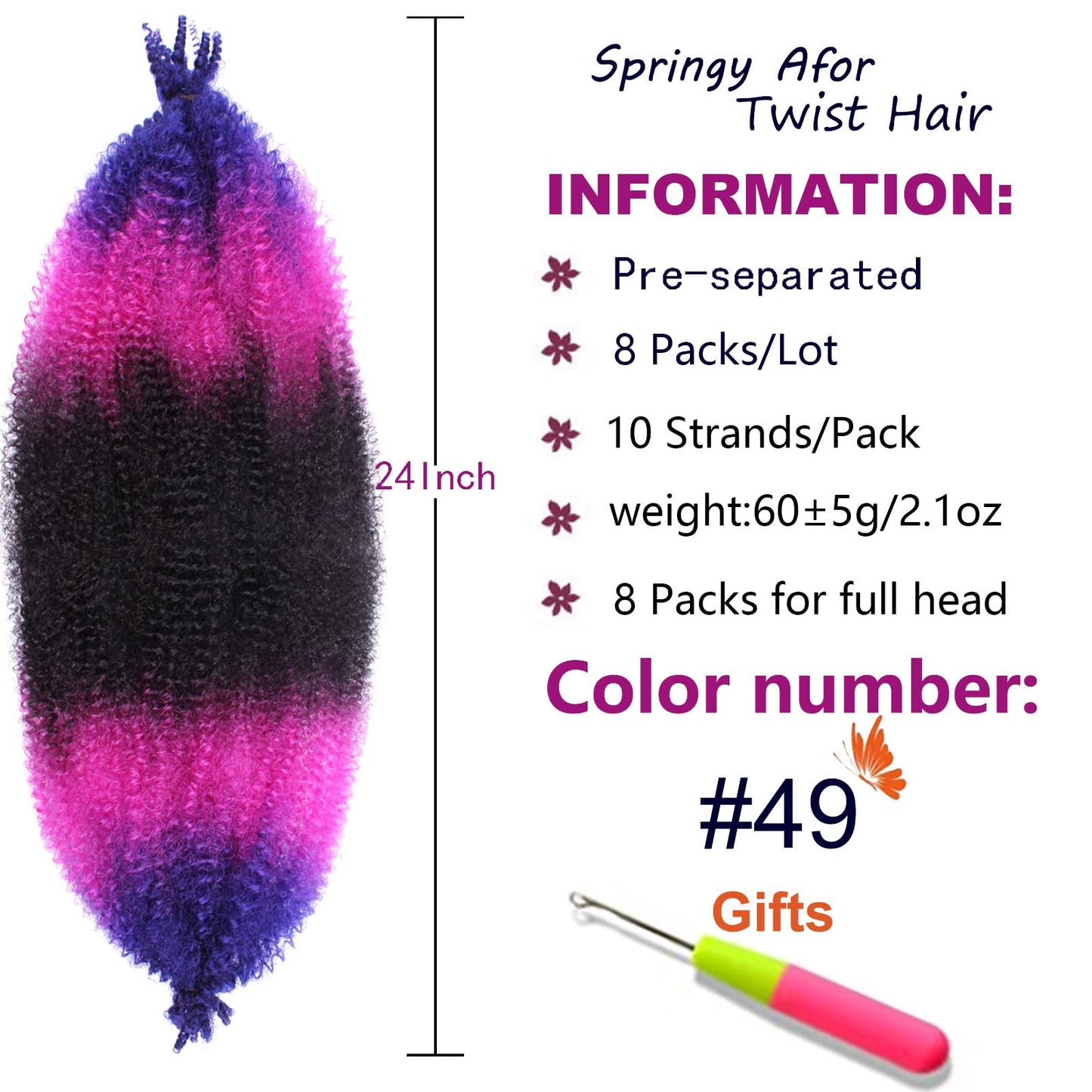 ZRQ 24 Inch Pre Separated Springy Afro Twist Hair 8 Packs Marley Twist Braiding Hair for Faux Locs Crochet Hair Synthetic Protective Spring Twist Hair Extensions for Black Women (49#)