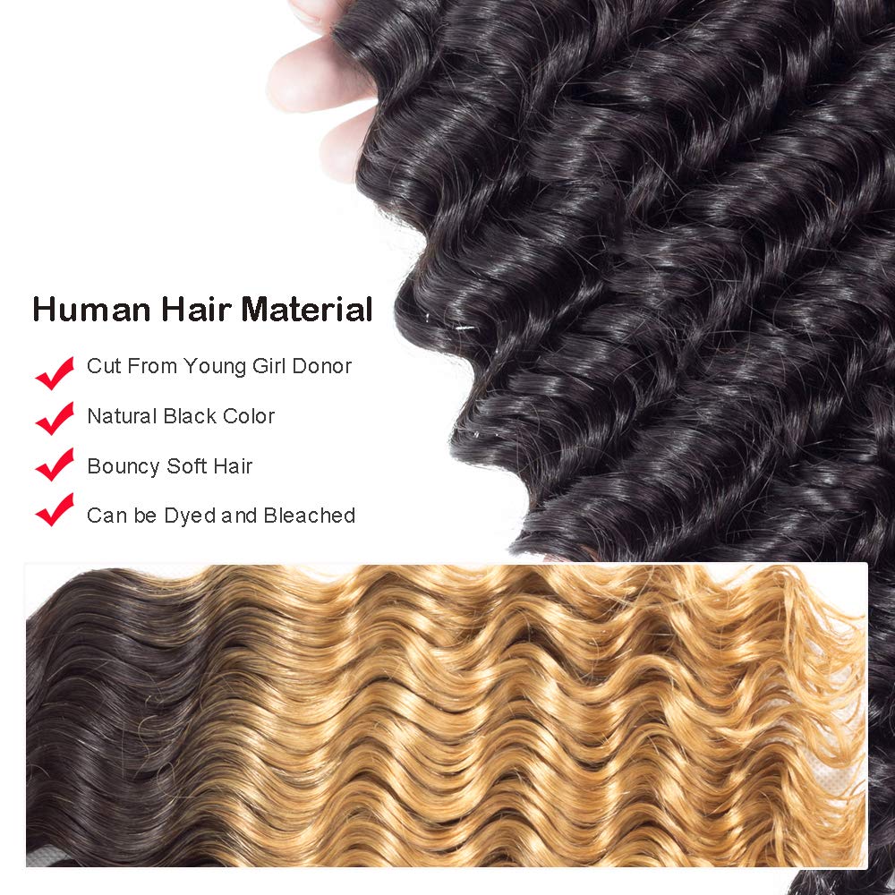 Beauhair Brazilian Hair Deep Wave 3 Bundles with Lace Closure Free Part Virgin Hair Unprocessed Natural Color Deep Wave Bundles with Closure (16 18 20+14, Natural Color)