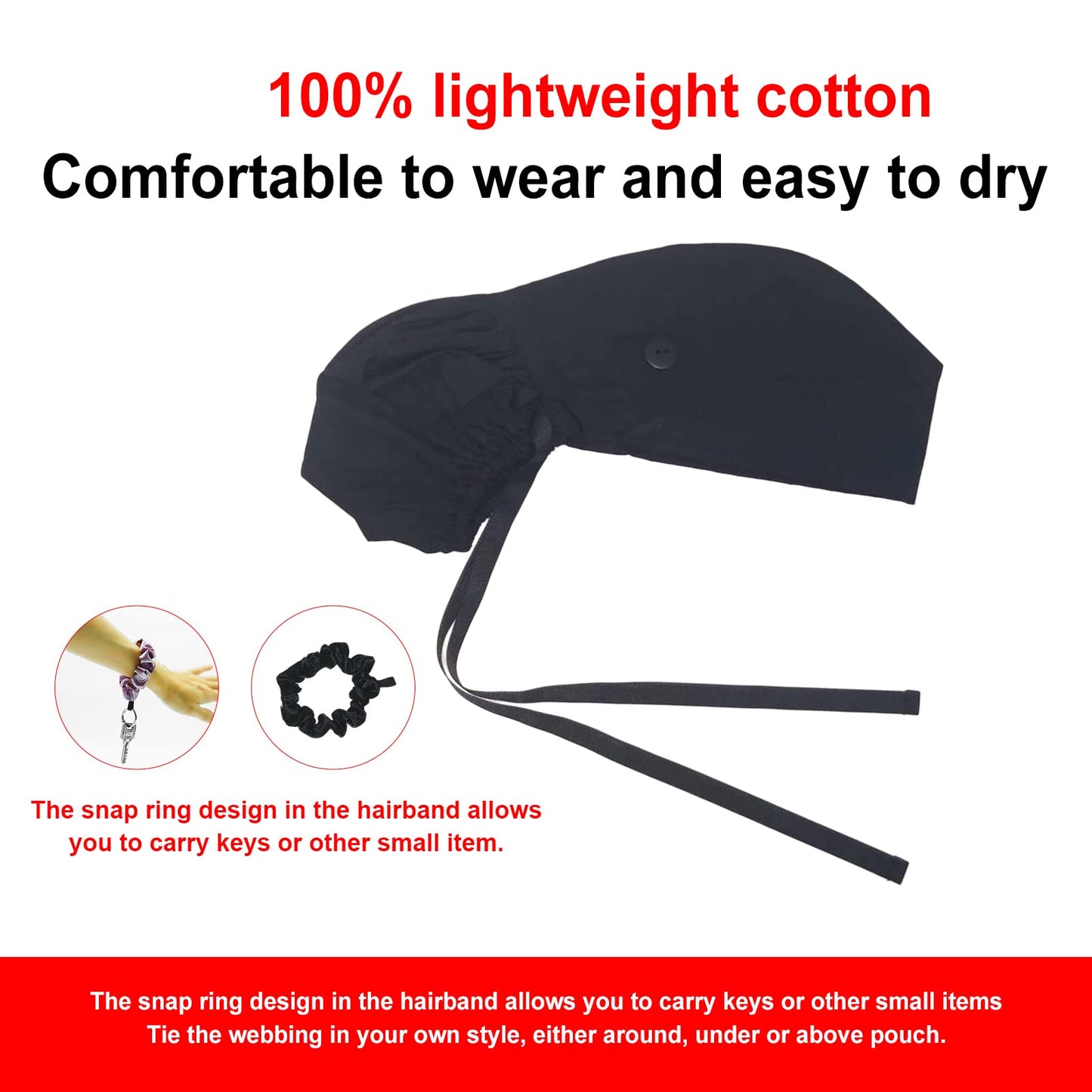 Scrub Cap with Buttons - Cotton Cap with Sweatband, Adjustable Ponytail Working Cap, Tie Back Hats for Women (Black)