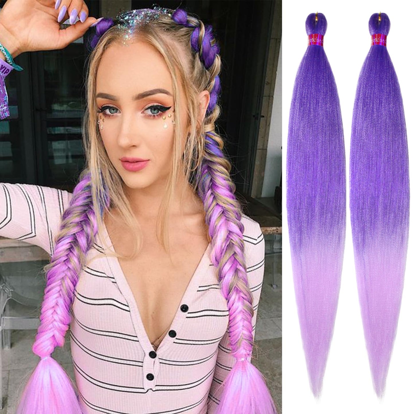 Ombre Purple Mix Braiding Hair Pre Stretched 2 Packs Box Braids Hair Extensions 26 Inches Synthetic Pre Stretched Braiding Hair