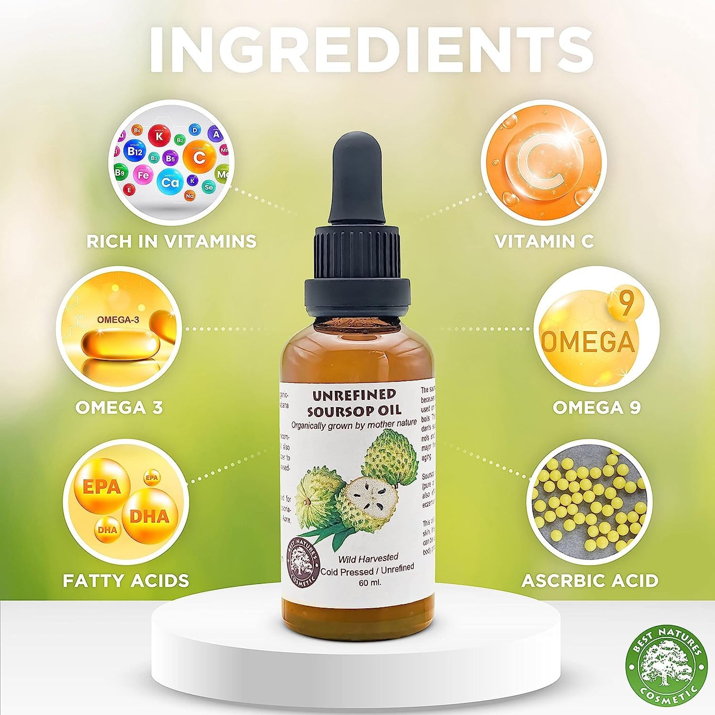 Best Nature's Cosmetics Virgin Soursop Graviola Guanabana Oil (Organic, Undiluted, Unrefined) 2oz / 60 ml – Natural Moisturizer for Dry and Damaged Skin.