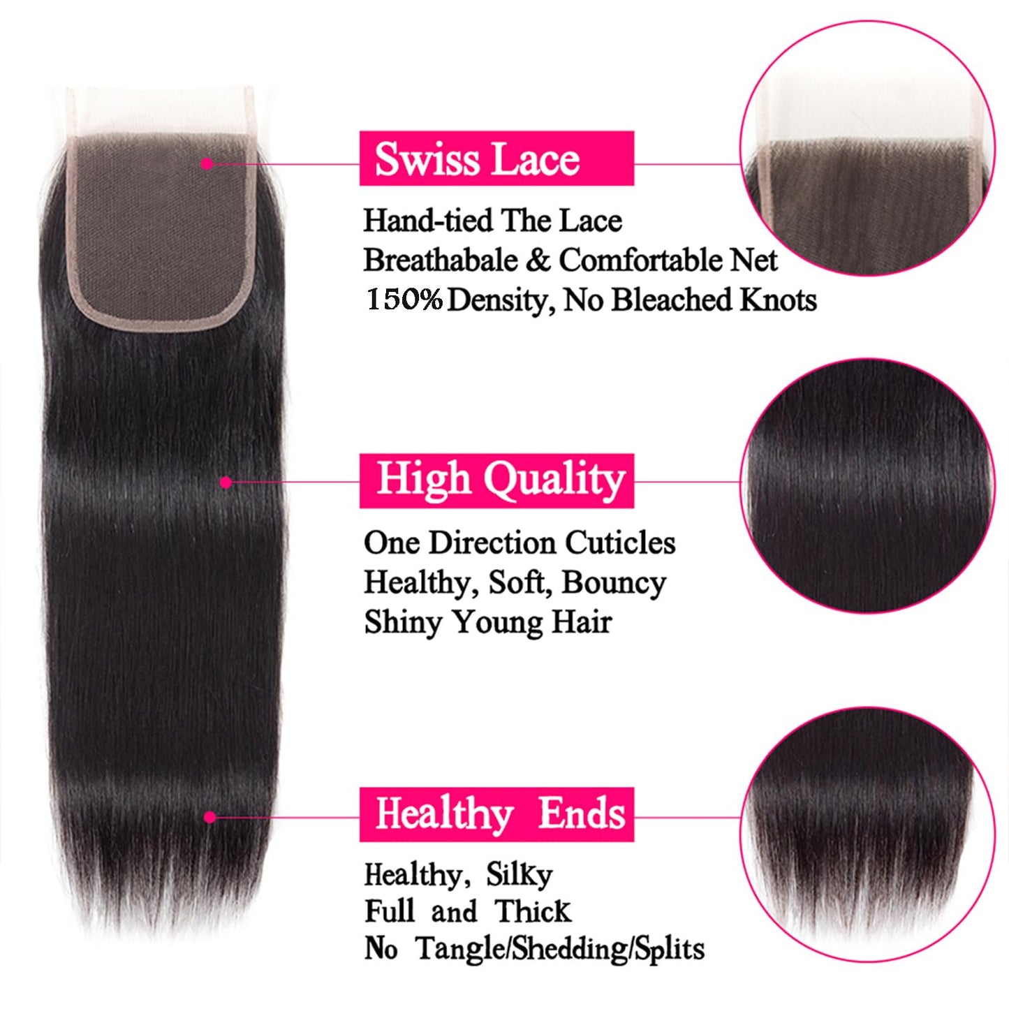 Straight Closure 4x4 6 Inch Hd Transparent 44 Lace Closure Human Hair Only 12a 100% Unprocessed Brazilian Virgin Remy 150% Density Free Part Pre Plucked With Baby Hair Natural Black
