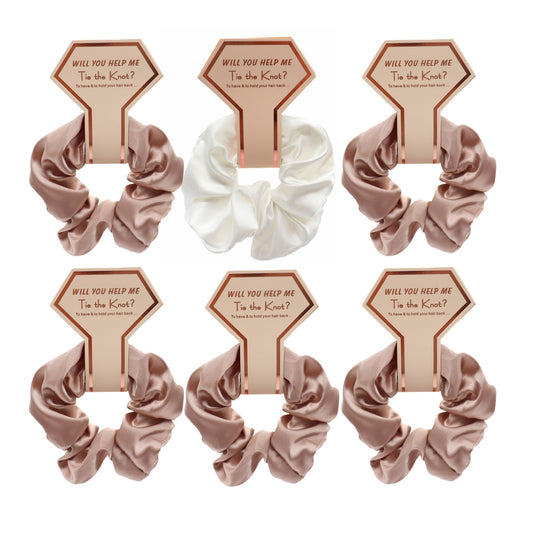 OWITER Satin Bridesmaid Scrunchies Bachelorette Hair Ties Set of 6 Bridal Shower No Damage Hairties ideas Gift for Wedding Party (rose gold)