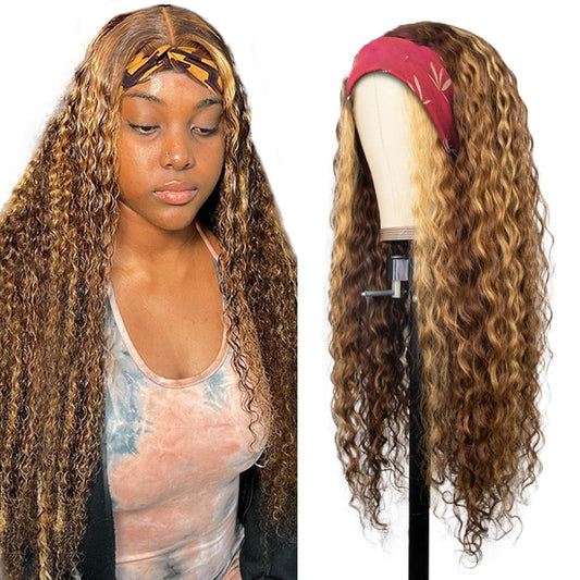 YiweYowe 28 Inch P4/27 Highlight Headband Wig Human Hair Deep Wave Brown Wig Human Hair Glueless Brazilian Virgin Hair Machine Made Wig 150% Density None Lace Front Wig Honey Blonde Colored