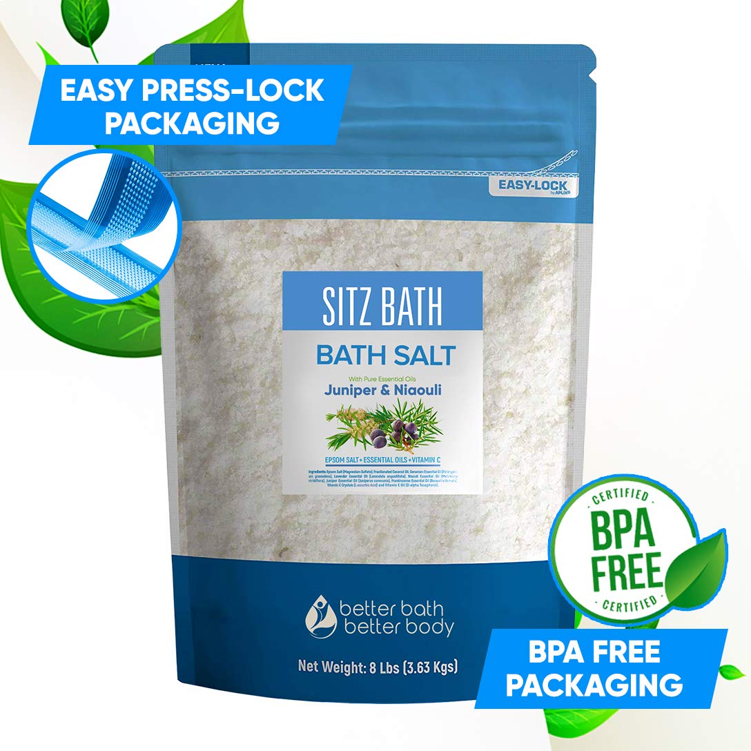 Sitz Bath Soak 128 Ounces Sitz Salt Epsom Salt with Natural Geranium, Frankincense, Lavender, Niaouli Essential Oil Plus Vitamin C in BPA Free Pouch with Press-Lock Seal