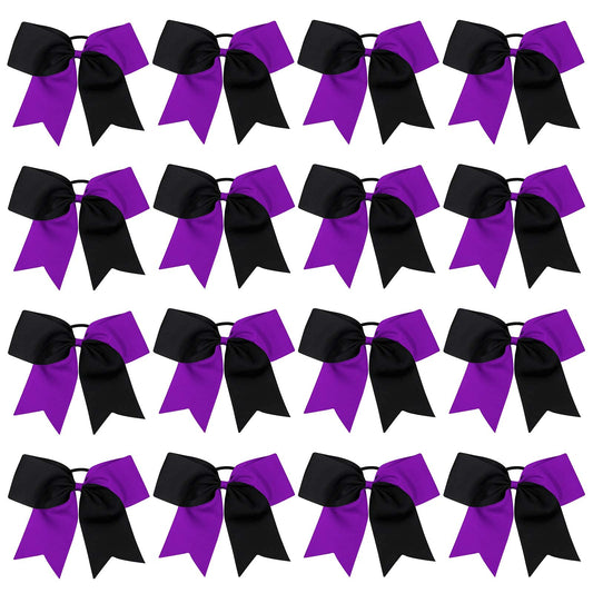 16PCS 8" Large Cheer Hair Bows Ponytail Holder Elastic Band Handmade for Cheerleading Teen Girls College Sports (Black/Purple, 16 Count (Pack of 1))